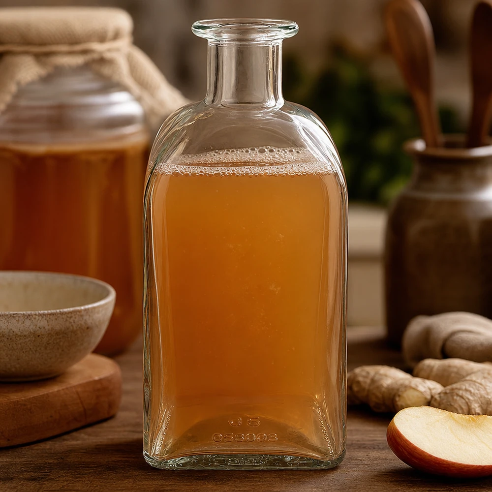 500 ml Apothekersfles Julia zonder sluiting UNiTWIST® 500ml Julia glazen fles met amberkleurige vloeistof tussen gember en appelschijfjes op een rustieke houten tafel