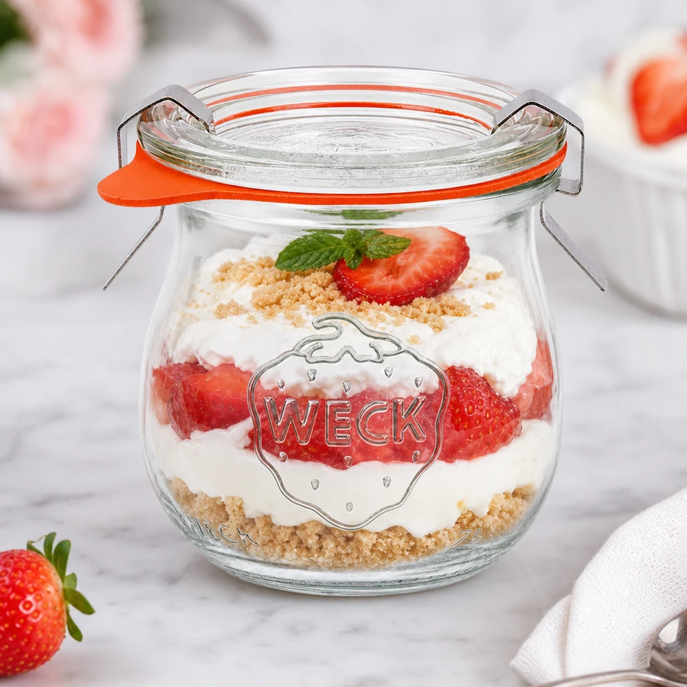 75ml tulpenglas compleet WECK RR40 WECK tulp pot 75ml als dessert pot met aardbeien en room gelaagd dessert en koekkruimels stijlvol gepresenteerd
