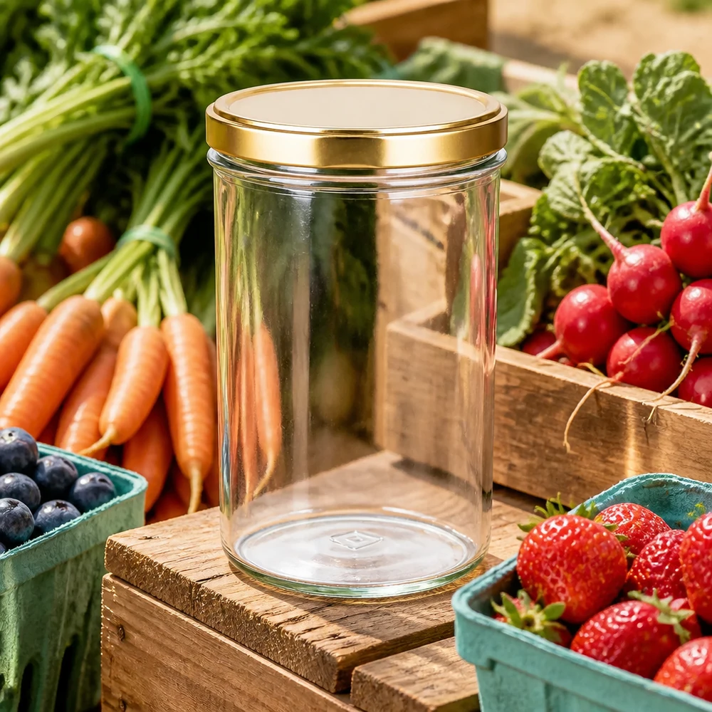 277ml bekers met BasicSeal deksel goud UNiTWIST 277ml glazen pot leeg met gouden BasicSeal deksel omringd door verse groenten fruit op houten kist marktkraam