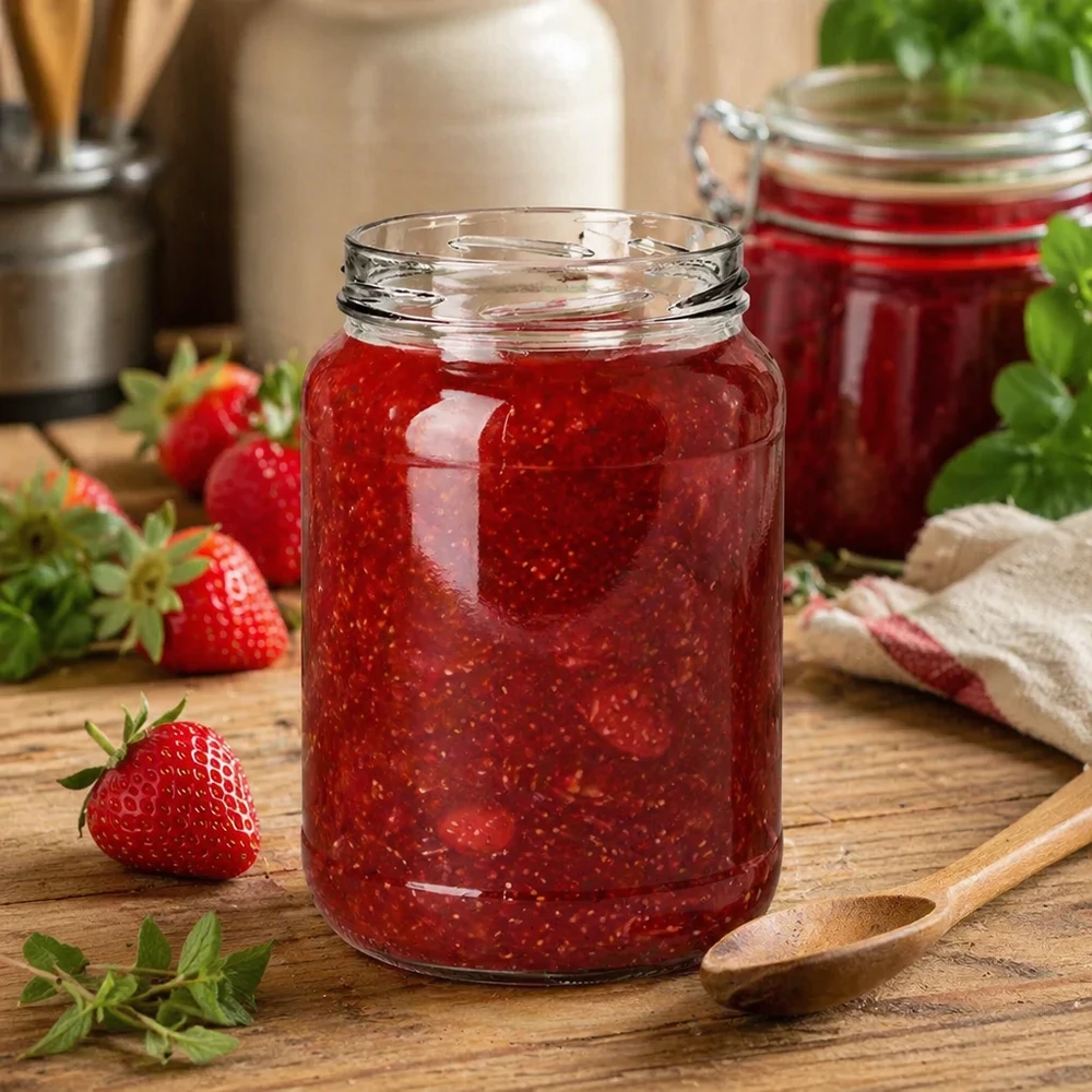 1700ml rond glas zonder deksel (TO100) UNiTWIST UNiTWIST Runda1700 pot gevuld met aardbeienjam 1700ml TO100 inmaakpot keuken houten tafel