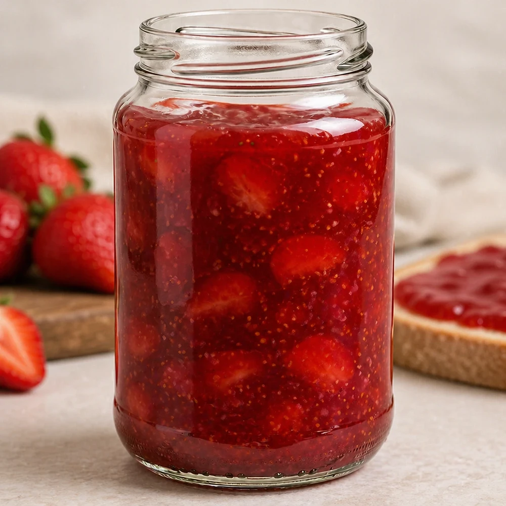 375ml rond glas zonder deksel (TO63) UNiTWIST UNiTWIST Runda375 ronde pot 375ml TO63 gevuld met zelfgemaakte aardbeienjam naast verse aardbeien en brood