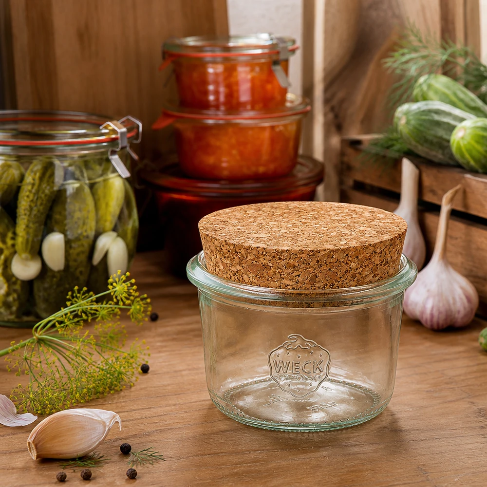 80ml stortglas WECK RR60 met kurk WECK RR60 bekers 80ml met kurk in een rustieke keuken naast ingemaakte augurken en verse kruiden