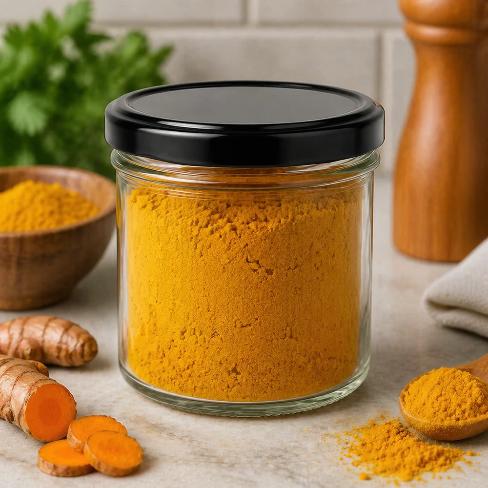 125ml bekers met BasicSeal deksel zwart UNiTWIST 125ml mason pot met zwart BasicSeal deksel gevuld met kurkumapoeder verse kurkuma wortel kruidenpot keuken