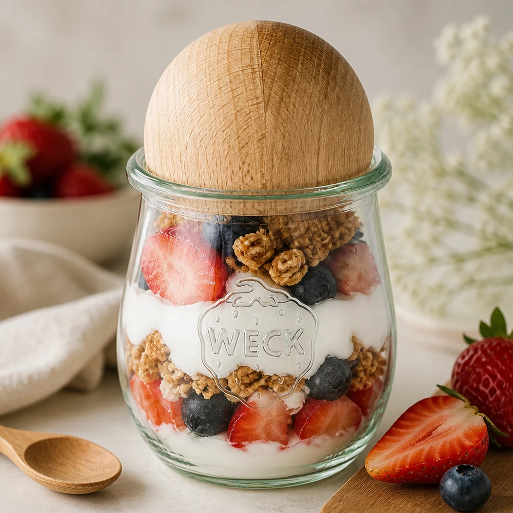 WECK tulpvormige pot RR60 220ml als yoghurt parfait met bessen en noten, beukenhouten kogelstop voor desserts