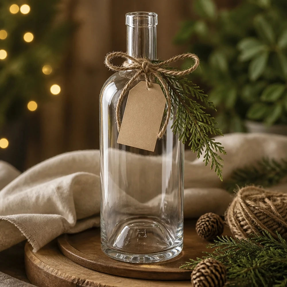 750 ml glazen fles Emma zonder sluiting UNiTWIST® 750 ml glazen Emma-fles versierd voor kerst met label van kraftpapier, jute strik en dennentak op houten plank