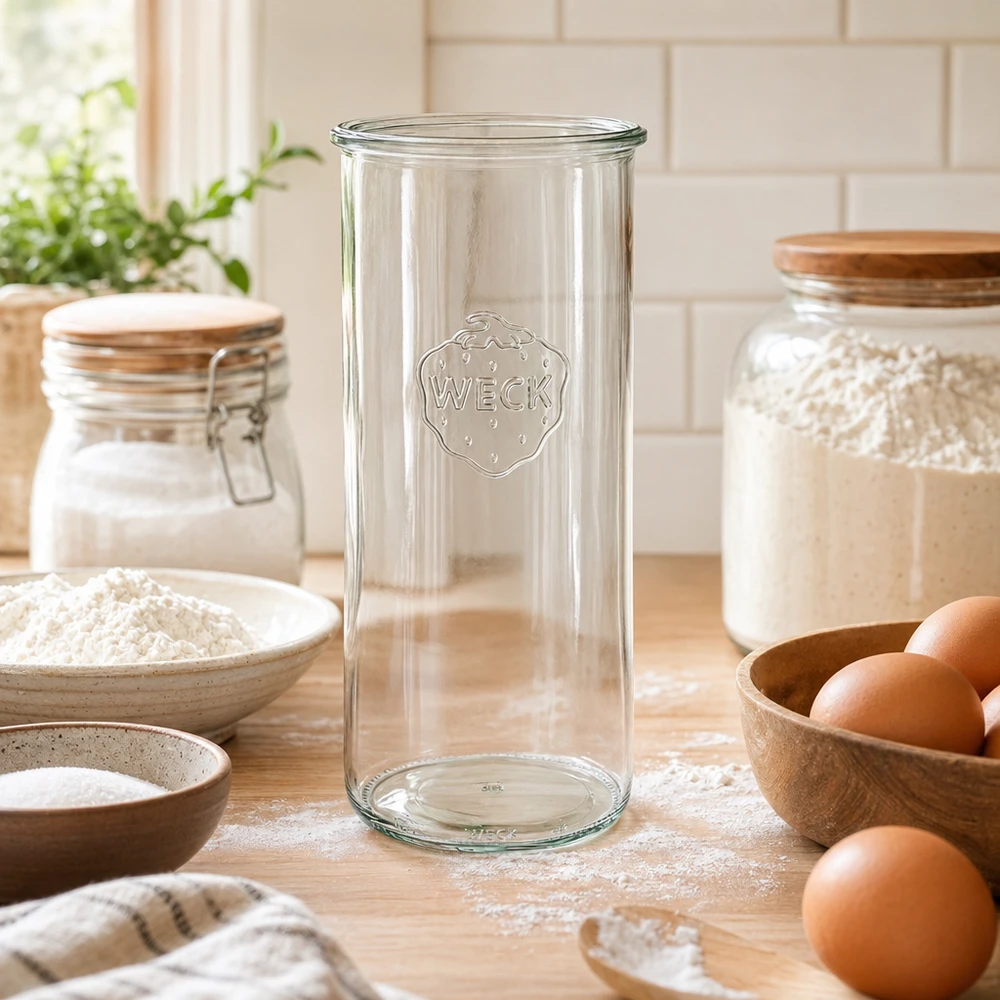 WECK RR100-pot van 1500 ml 1500ml WECK RR100 glazen voorraadpot in een rustieke keuken met eieren en bloem op een houten werkblad