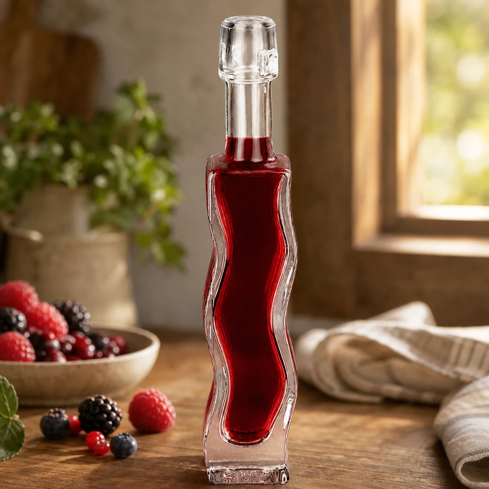 40 ml glazen fles Anna gevuld met rode bessensap Versiering van bessenfruit Keukendecor Gebruiksvoorbeeld Likeur