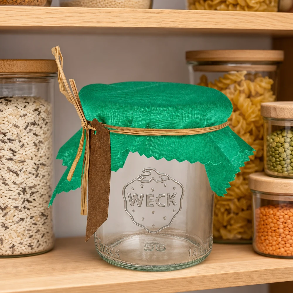 Stoffen lapje voor deksel groen 12cm hoekig Grünes Schmuckdeckchen 12cm auf Einmachglas in stylischer Küche mit Vorratsgläsern - dekorative Glasabdeckung