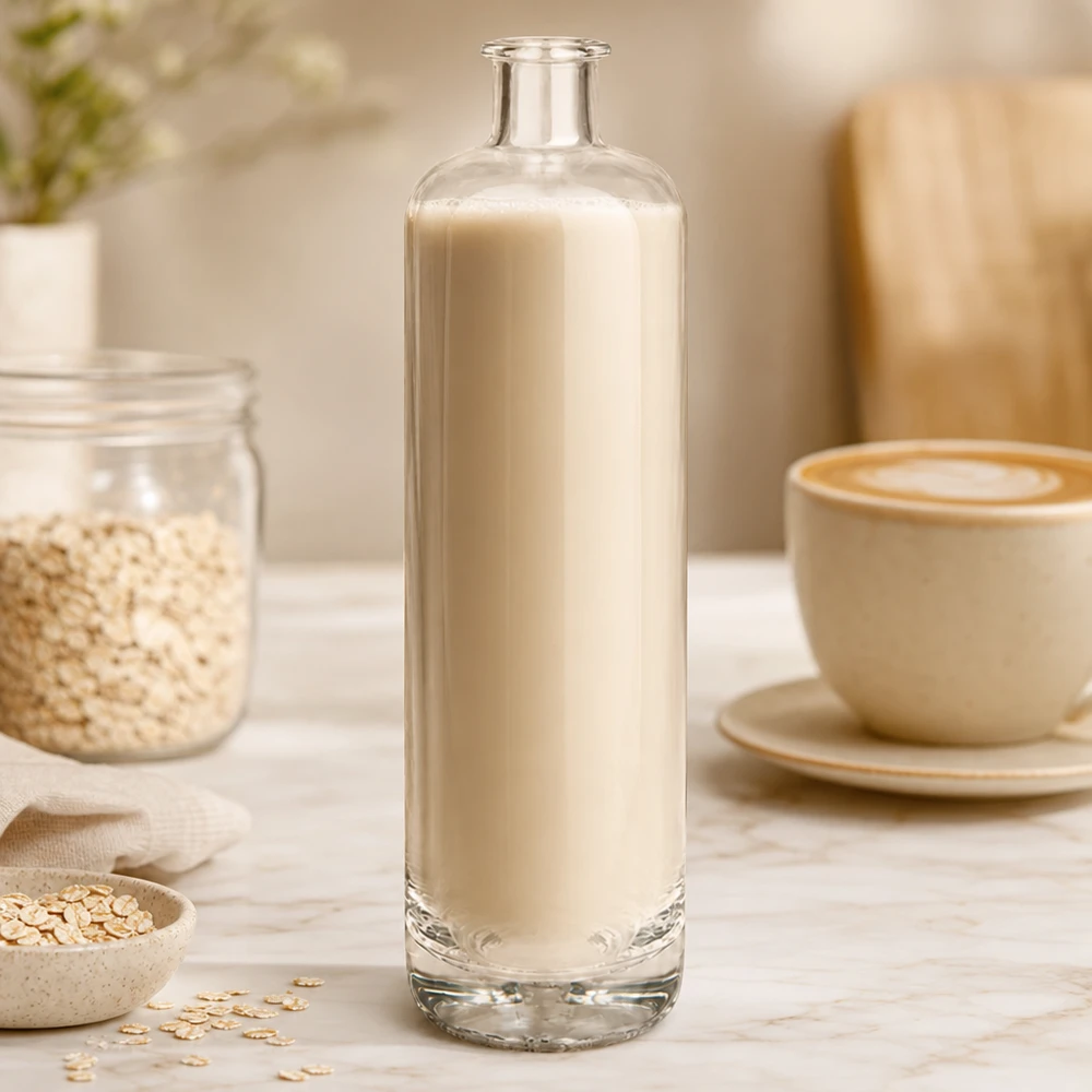 700 ml glazen fles Ella zonder sluiting UNiTWIST® 700ml glazen fles van Ella gevuld met romige havermelk naast havervlokken en koffiekopje in een natuurlijke keukenscène