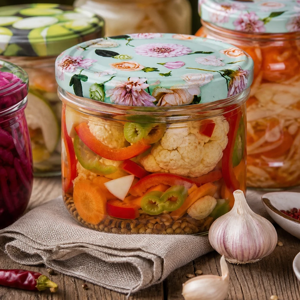 230 ml cilinderpot met BasicSeal deksel bloemenmunt voor ingemaakte groenten - Fermentatiepot met knoflook