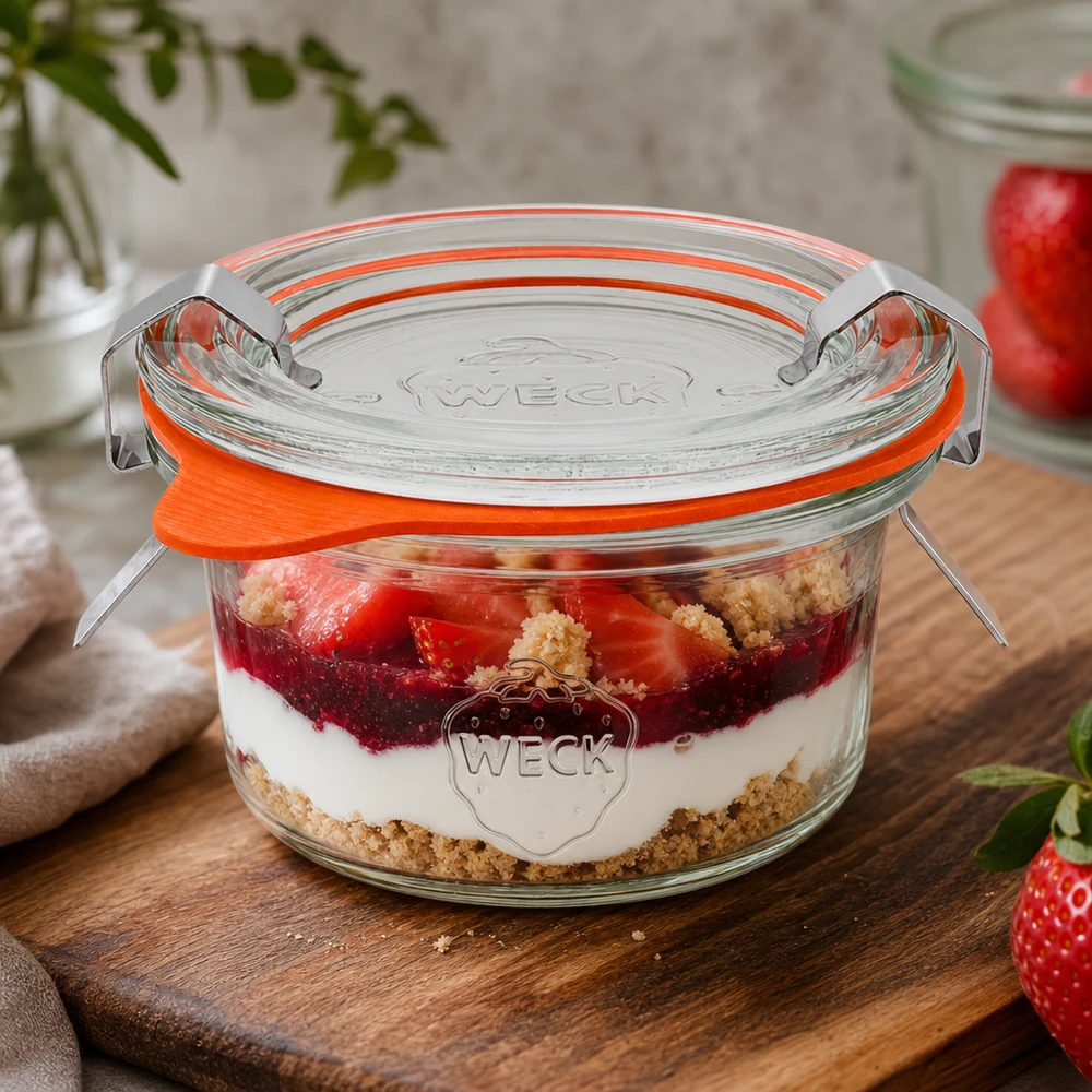50ml stortglas compleet WECK RR60 WECK 50ml bekers RR60 met gelaagd dessert van aardbeien en room als toepassingsvoorbeeld voor zoete desserts
