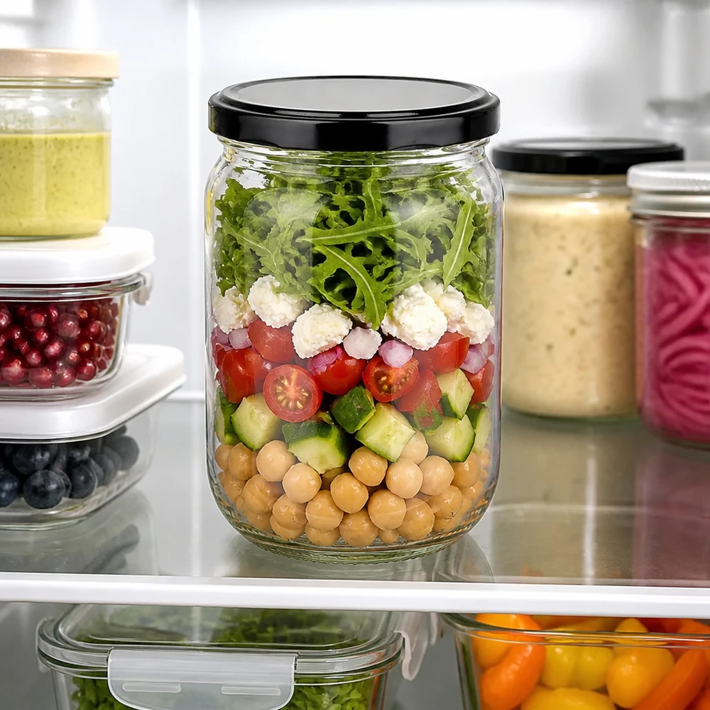 555 ml ronde glazen pot + BasicSeal-deksel, zwart, UNiTWIST Duurzame meal prep: rond glazen pot van 555 ml met zwarte BasicSeal-deksel, gevuld met rucola en feta