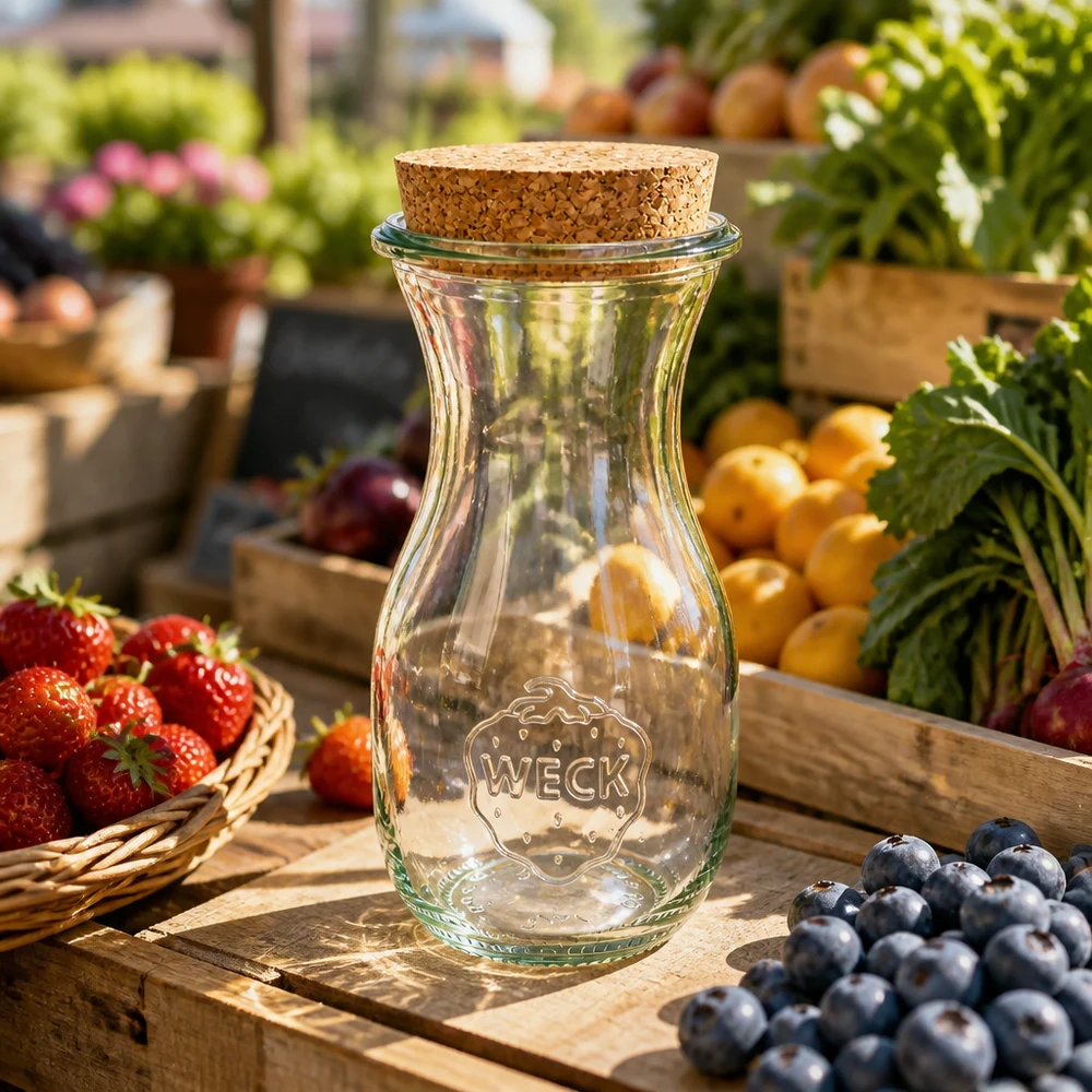 290ml sapflessen WECK RR60 met kurk WECK sapfles 290ml RR60 met natuurkurk op houten tafel tussen verse bosbessen en aardbeien marktkraam