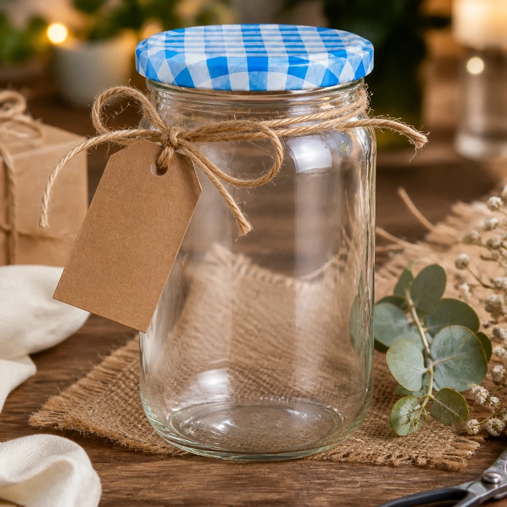 1062ml rond glas met BasicSeal deksel blauw/wit UNiTWIST 1062ml ronde pot leeg met cadeaulabel en jute koord, BasicSeal deksel blauw en wit, decoratieve presentatie