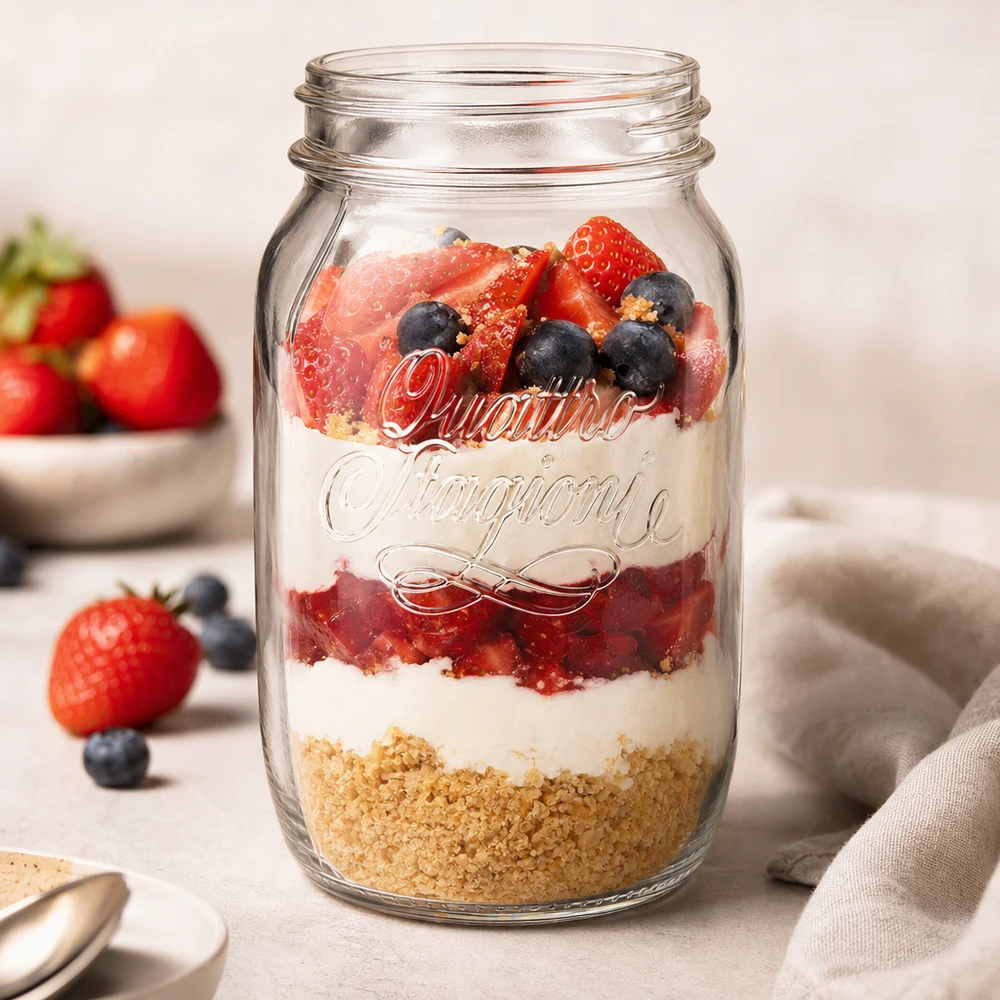 Quattro Stagioni huishoudpot 1000ml met gelaagd dessert van biscuitbodem, room en verse bessen