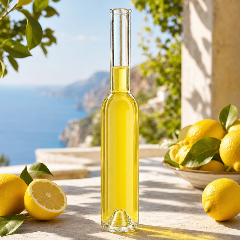 200 ml glazen fles Hugo zonder sluiting UNiTWIST® Glazen fles Hugo 200ml gevuld met gele vloeistof Limoncello citroenen Mediterrane sfeer Lifestyle