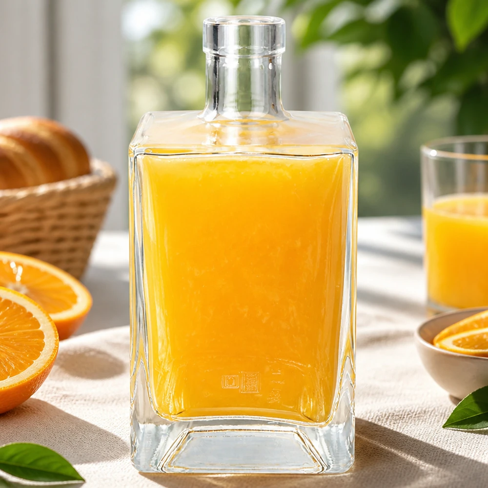 700 ml glazen fles Ben zonder sluiting UNiTWIST® 700ml glazen Ben fles gevuld met sinaasappelsap op een ontbijttafel gedekt met verse sinaasappels en gebakjes