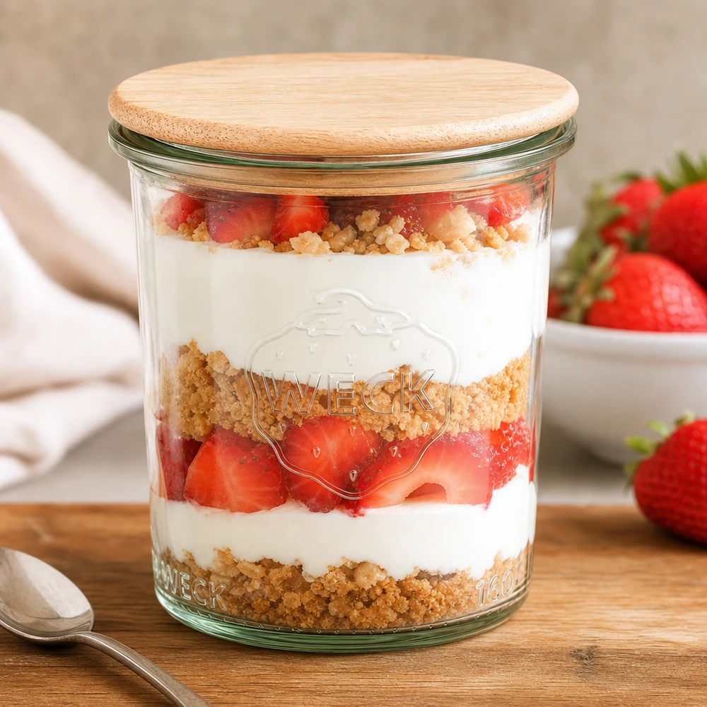 WECK pot 160ml RR60 met bamboe deksel gevuld met aardbeiendessert Gelaagd dessert in inmaakpot Keukentafel