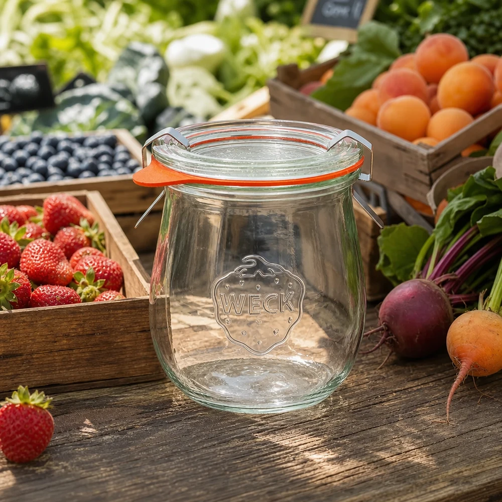 WECK tulpenpot 220ml RR60 leeg op houten tafel omringd door vers fruit en groenten van de markt inmaakpotten set