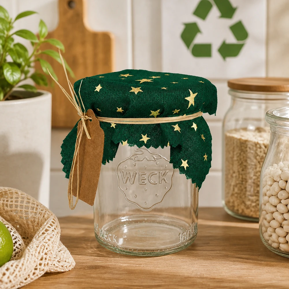 Groene sterdoek met raffia lint en hanger aan Weck pot in duurzame keuken 12cm vierkant