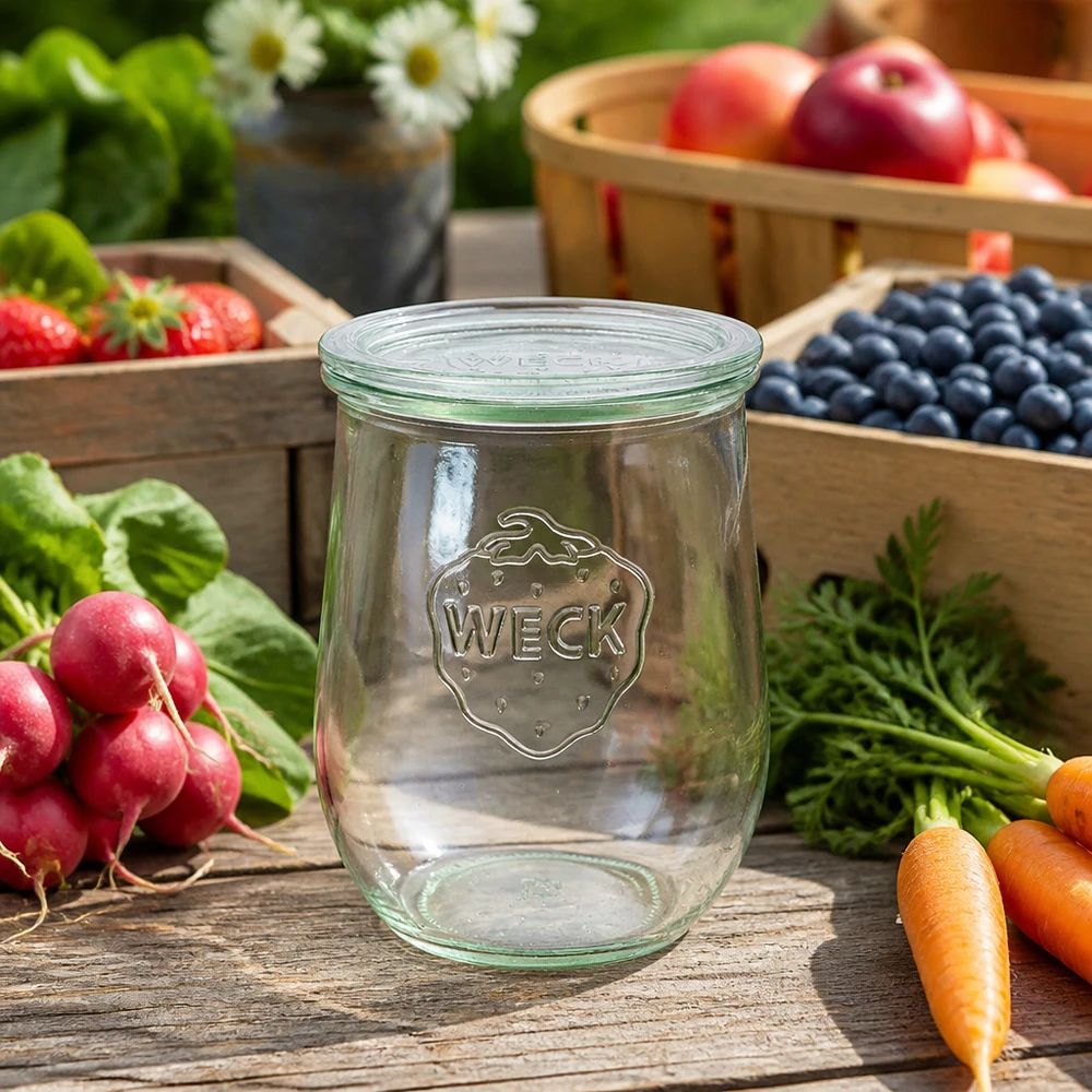 1062ml tulpenglas met glazen deksel WECK RR100 WECK tulp pot 1062ml glazen deksel RR100 Conserveren van vers fruit groenten radijs wortelen bosbessen houten tafel