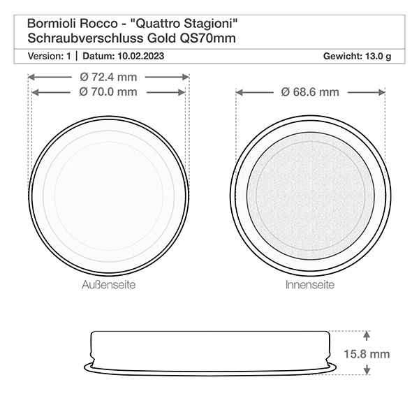Capsule 70mm Technische tekening Quattro Stagioni 700ml deksel afmetingen 72,4mm buitendiameter QS70 schroefdop goud Bormioli Roc