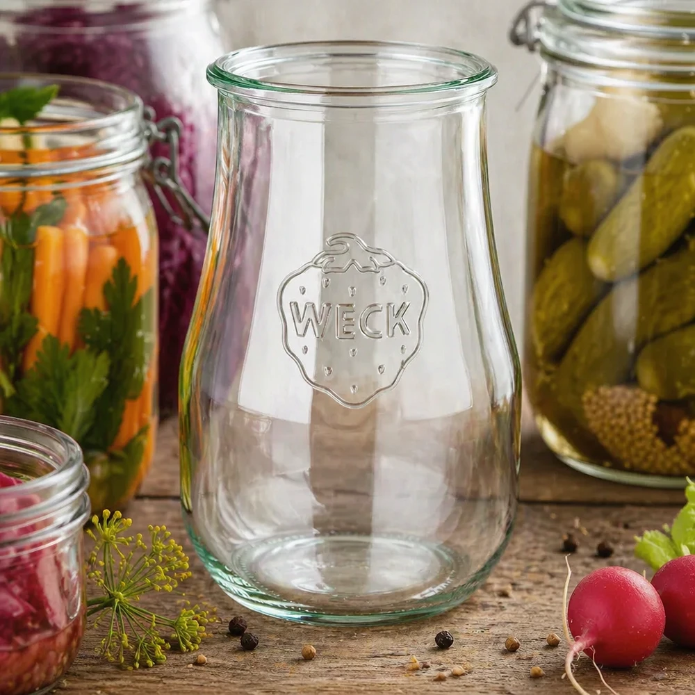 WECK tulpenpot 1750ml RR100 in gebruik voor het conserveren en fermenteren met groenten en kruiden op een houten bodem