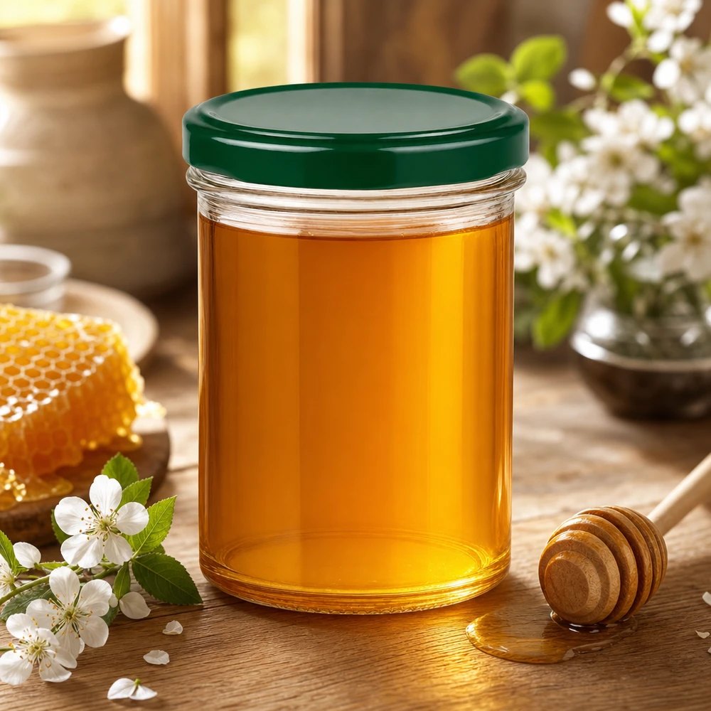 350ml bekers met BasicSeal deksel groen UNiTWIST 350ml UNiTWIST groene pot gevuld met honing naast honinglepel honingraat en bloemen op een rustieke houten tafel