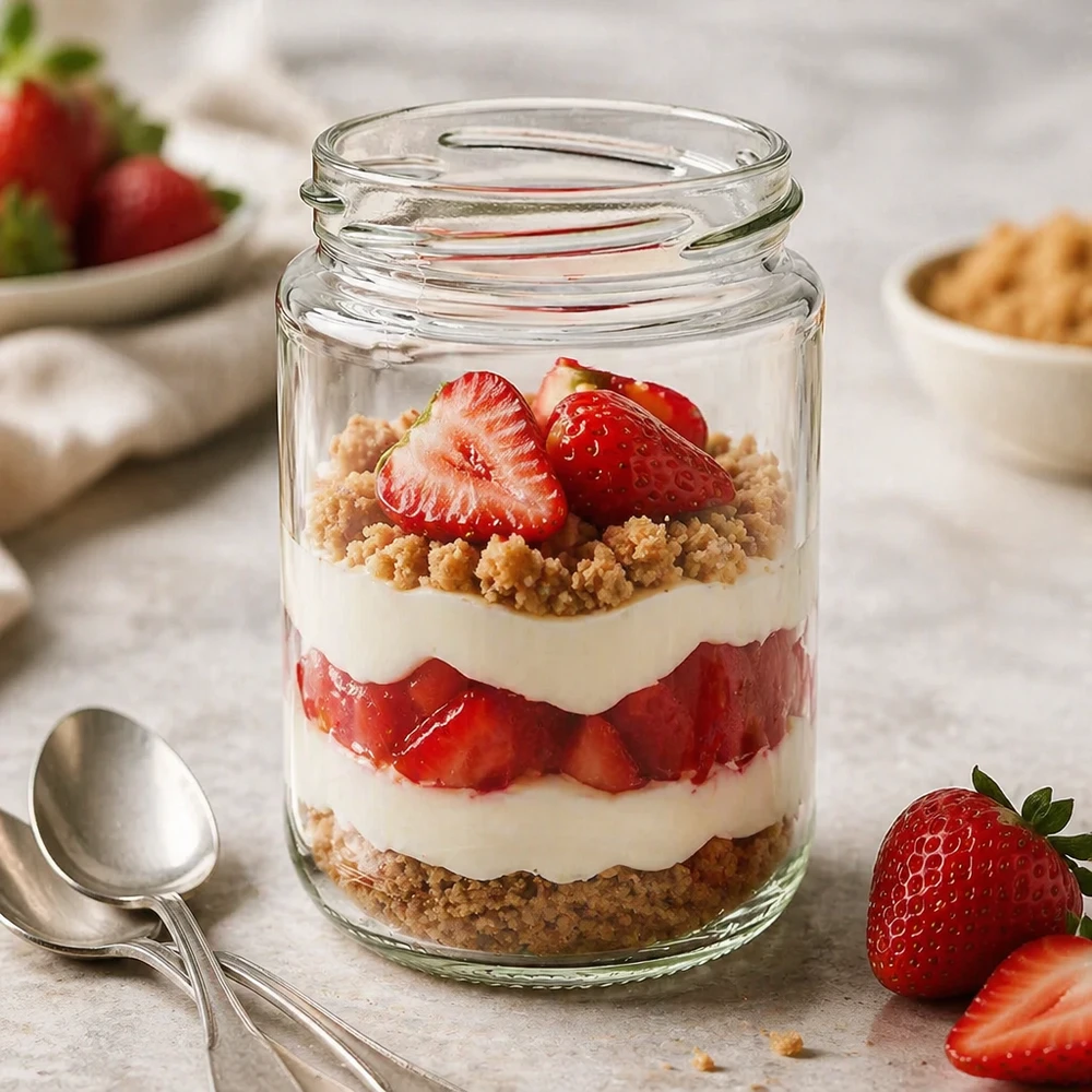 390ml rond glas zonder deksel (TO70) UNiTWIST UNiTWIST Runda390 ronde pot 390ml TO70 met aardbeien dessertlagen als inmaakpot voor desserts en meal prep