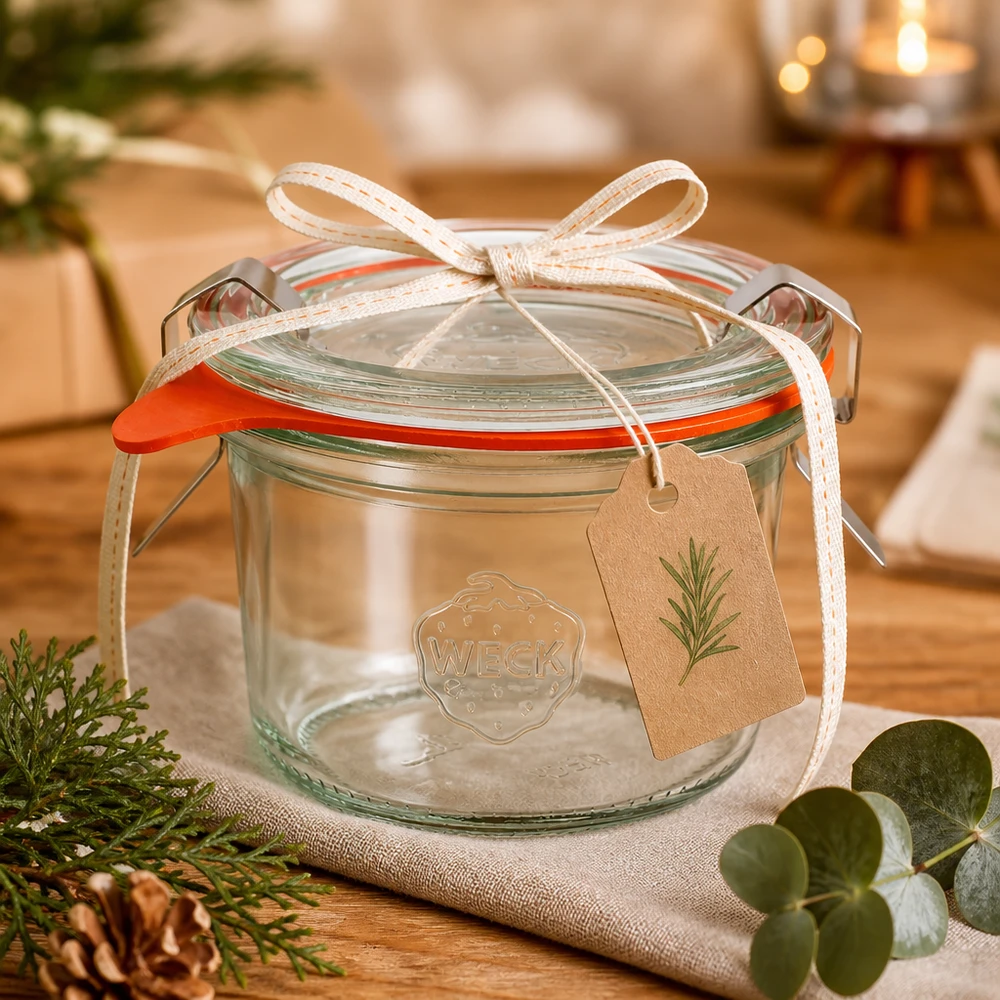 80ml stortglas compleet WECK RR60 80ml WECK RR60 bekers als geschenkverpakking met lint en label in een gezellige kerstdecoratie