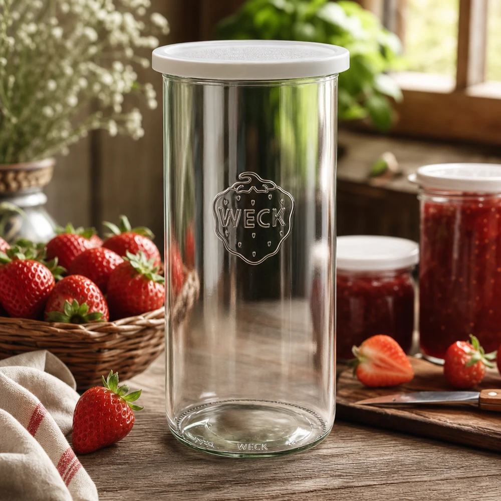 WECK voorraadpot 1500ml RR100 in een rustieke keuken met aardbeien en jampotten als lifestyle shot