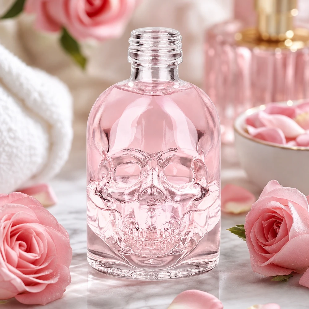 50 ml glazen fles Hector zonder schroefsluiting UNiTWIST® 50ml Totenkopf Glasflasche Hector rosa gefärbt feminine Dekoration mit Rosen parfümierte Kosmetik UNiTWIST Design