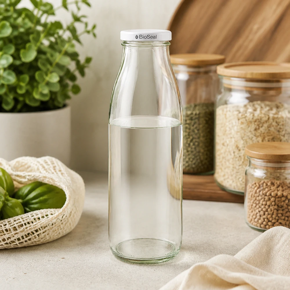 500ml fles met BioSeal deksel wit UNiTWIST 500ml Glasflasche leer mit weißem BioSeal Deckel in nachhaltiger Küche zwischen Vorratsgläsern und Bio-Gemüse
