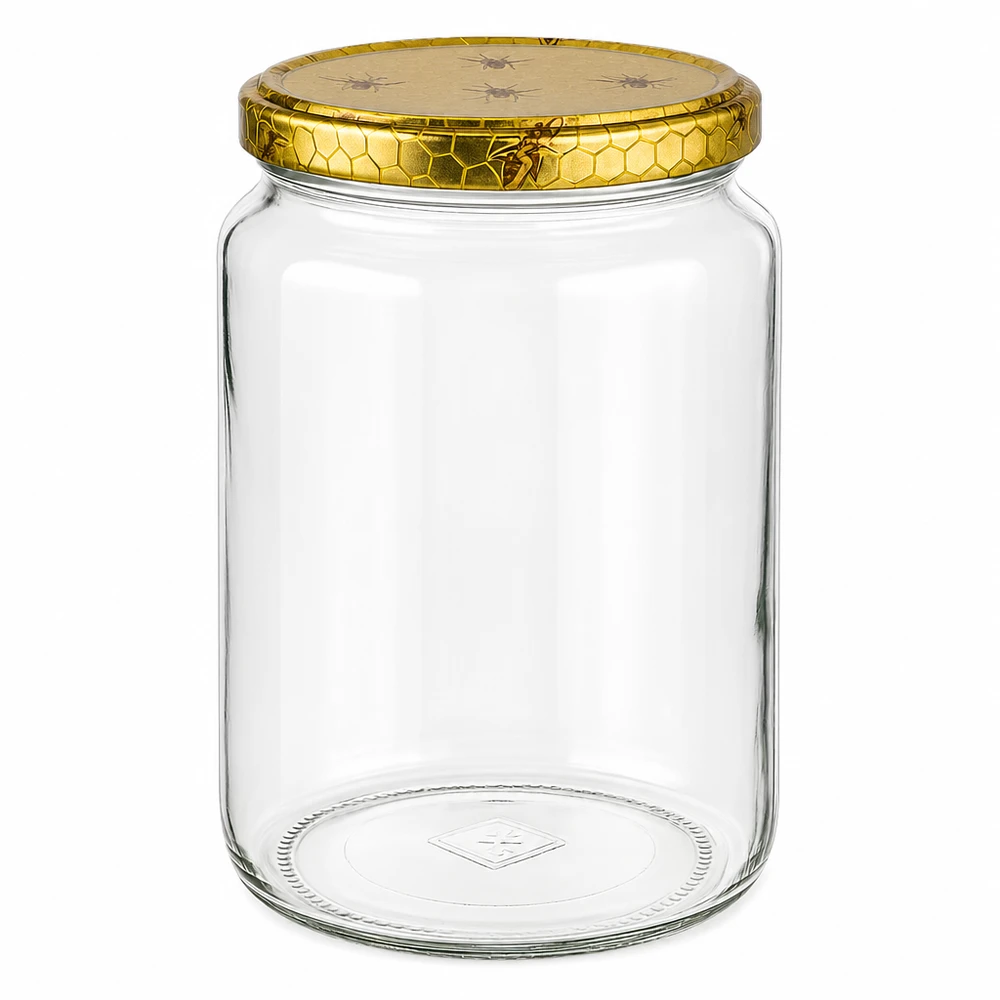 Honingpot 1000 g met deksel met honingraatmotief BasicSeal UNiTWIST Lege glazen honingpot 1000g met gouden honingraatdeksel en bijenmotief voor honingbijenhouderij voorraadpot