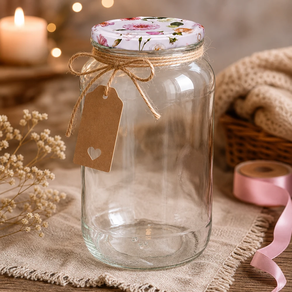 Ronde pot 1062 ml + deksel BasicSeal roze bloem UNiTWIST Decoratieve 1062ml ronde pot met roze bloem deksel BasicSeal en cadeaulabel rustieke presentatie