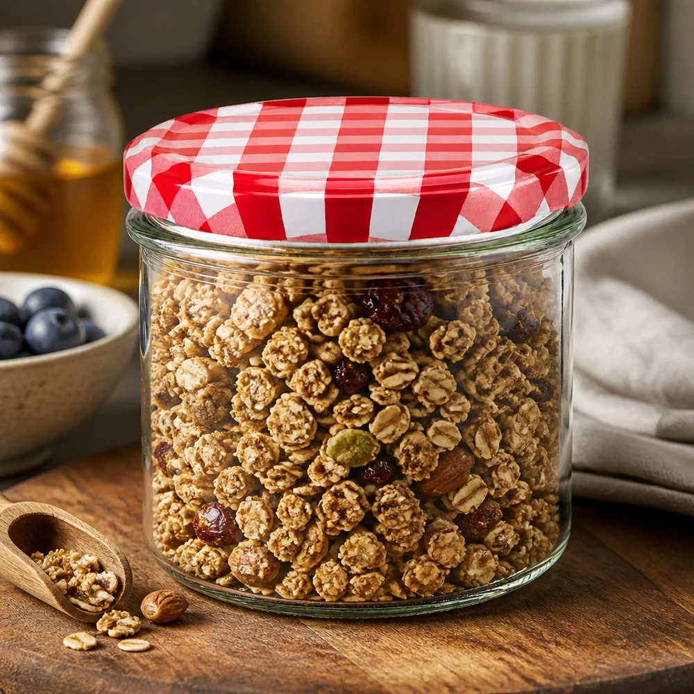 225ml bekers met BasicSeal deksel rood/wit UNiTWIST 225 ml bekers met BasicSeal deksel rood en wit geblokt gevuld met muesli en noten als voorraadpot in de keuken