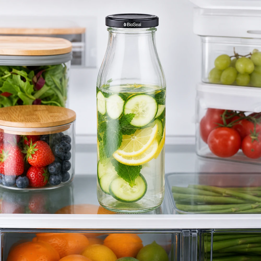 500ml fles met BioSeal deksel zwart UNiTWIST 500 ml glazen fles met komkommer-citroenwater in de koelkast naast vers voedsel in voorraadpotten