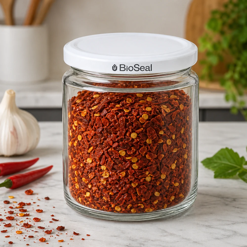 Honingpot 350 g met witte BioSeal UNiTWIST-deksel 250 ml honingpot met BioSeal deksel gevuld met chilikruidenmix als keukenopslag op marmeren blad