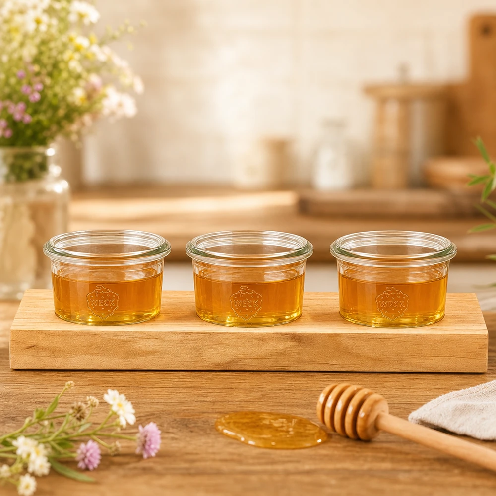 Serveerplank Plano3 met 3 Weck bekers 80ml gevuld met gouden honing naast honinglepel op houten tafel