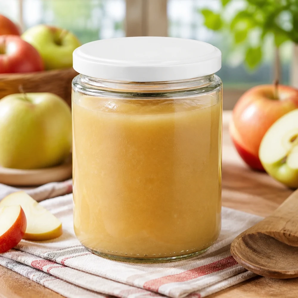 Ronde glazen pot van 490 ml met UNiTWIST BasicSeal-deksel (wit), versierd met verse appels op een keukendoek