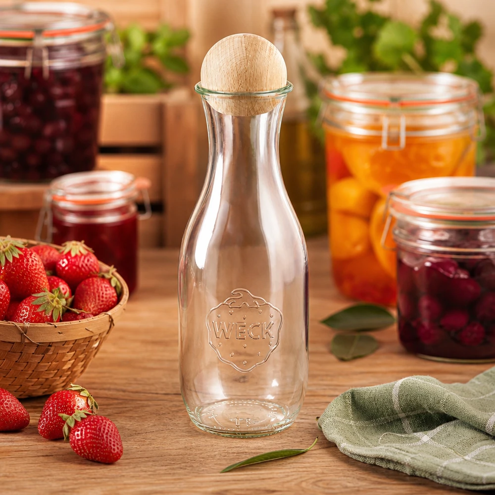 WECK glazen fles 1062ml in keuken met jampotjes aardbeien en houten beuken kogeldop