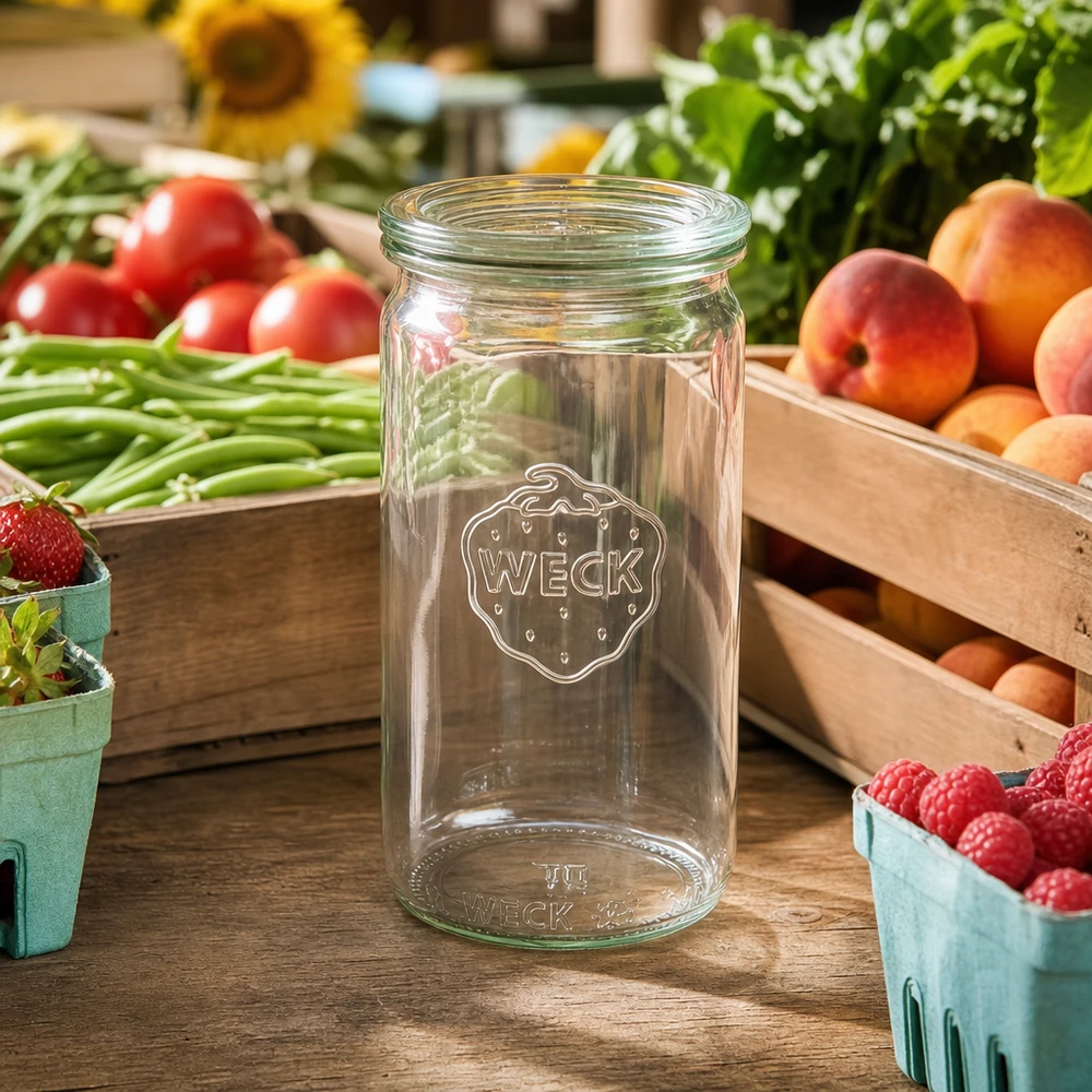 340ml cilinderglas met glazen deksel WECK RR60 WECK 340 ml cilindervormige pot RR60 transparant op houten tafel omringd door verse groenten en bessen marktkraam sfeer
