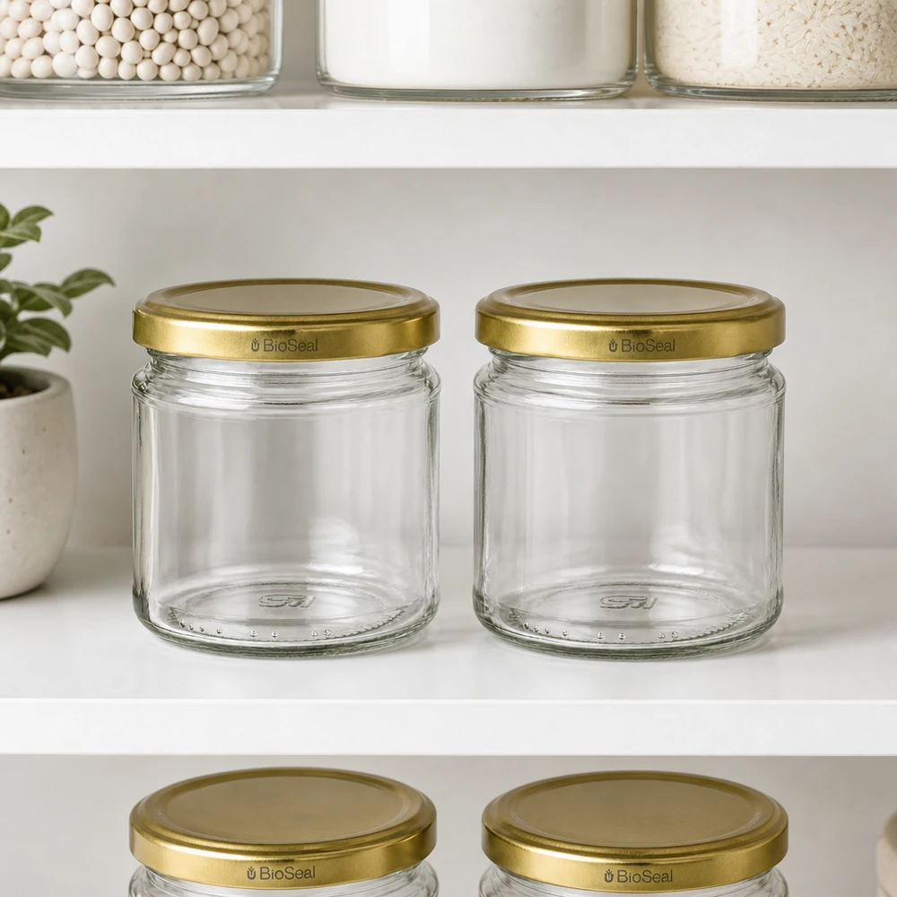 212ml rond glas met BioSeal deksel goud UNiTWIST UNiTWIST ronde pot 212ml met gouden TO66 BioSeal deksel in de voorraadkast voor georganiseerde keukenopslag