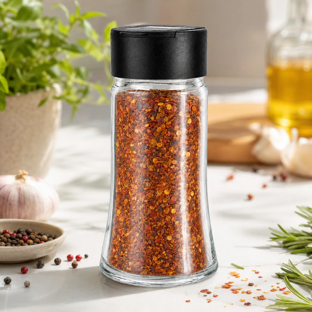 Zout-/kruidenpotje 95 ml met dubbele strooier, zwart Kruidenpotje van 95 ml gevuld met chilipoeder, naast knoflook, rozemarijn en peperkorrels