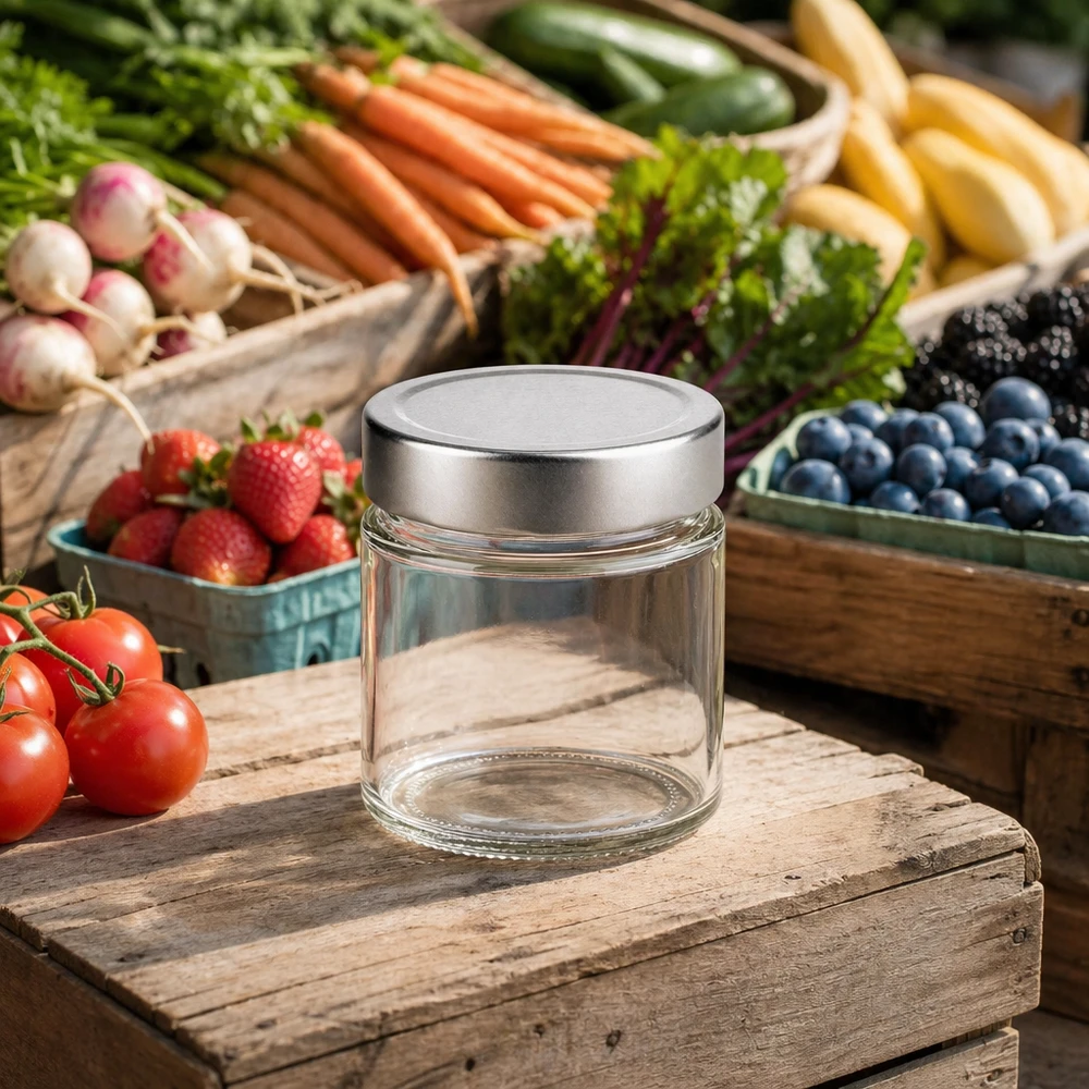 135ml rond glas met BasicSeal deksel zilver deep UNiTWIST 135ml Rundglas mit silbernem Deckel auf Holzbrett umgeben von frischem Gemüse Obst Marktstand-Atmosphäre natürliche Aufb