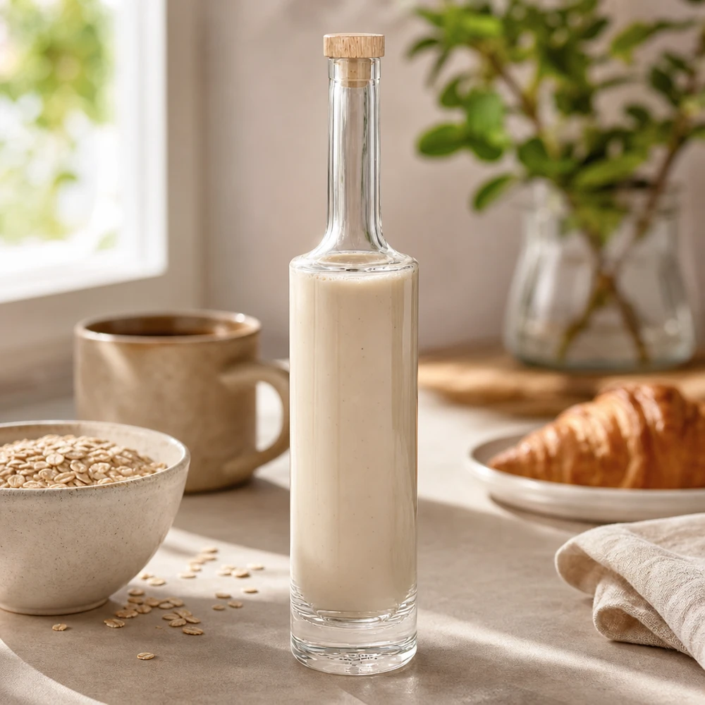 500 ml glazen fles Rosa met houten handgreepkurk UNiTWIST® 500ml Glasflasche Rosa mit cremiger Hafermilch in stylischer Küche neben Haferflocken und Croissant mit Holzkorken