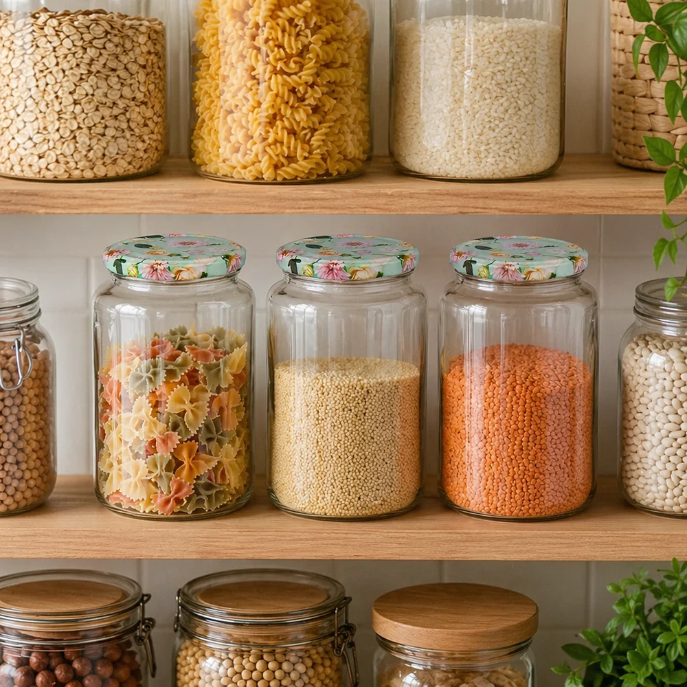 Ronde pot van 795 ml + BasicSeal-deksel met muntbloem UNiTWIST Voorraadkast met ronde potten van 795 ml met mintbloemdeksels, gevuld met pasta, linzen en granen in de voorraadkast