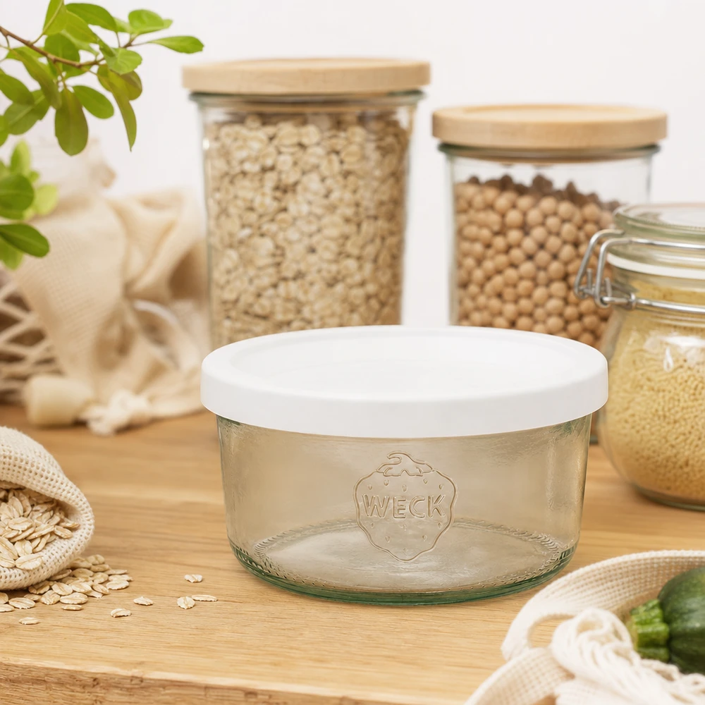 WECK 165 ml bekers RR80 leeg in duurzame zero-waste keuken met voorraadpotten en stoffen zakken van hout