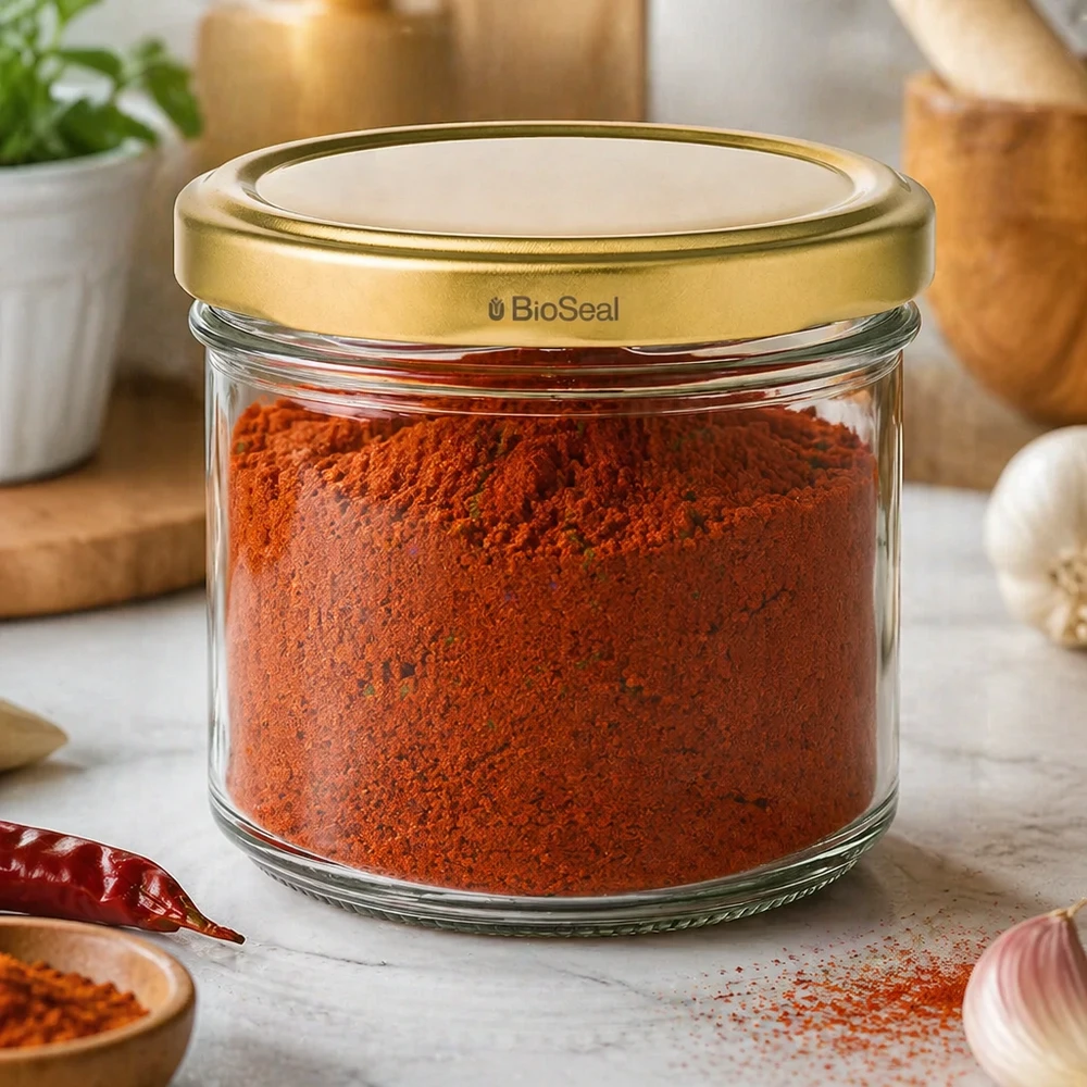 UNiTWIST inmaakpot 125 ml gevuld met paprikapoeder - gouden TO66 deksel in keukensfeer