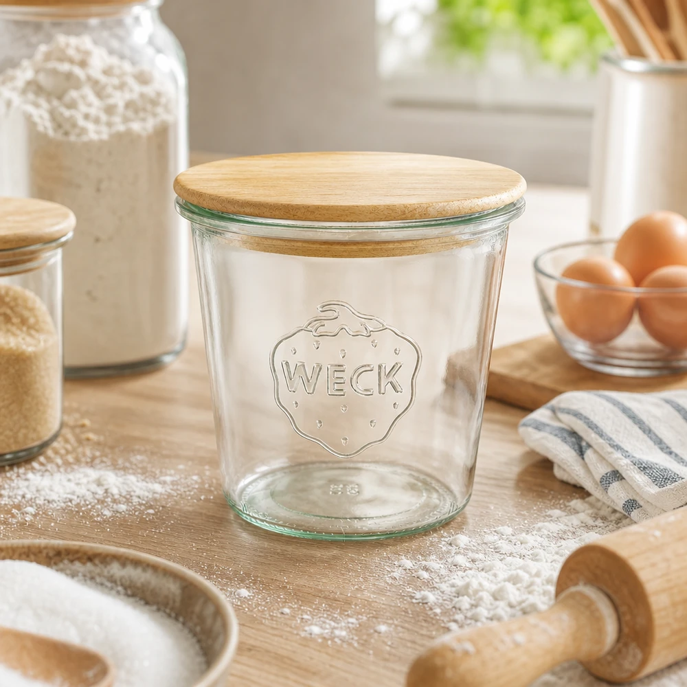 WECK 580 ml weckpot leeg met houten deksel in keuken op met bloem bestoven houten tafel tussen bakaccessoires en eieren